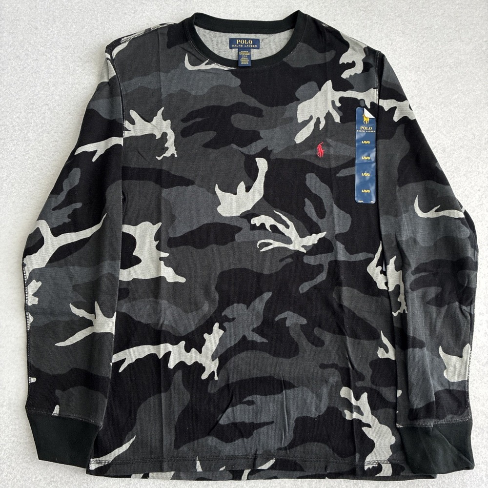 Polo Ralph Lauren Men's Gray Camo Waffle Knit Thermal Crew-Neck Shirt Sleepwear